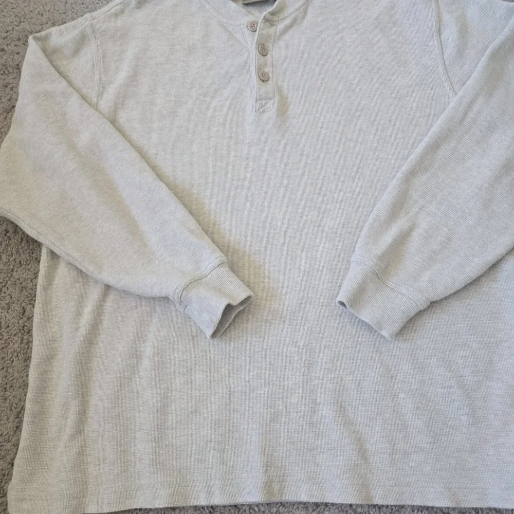 LL Bean Mens Large Beige Cotton Thermal  Long Sleeve Henley Shirt Waffle Knit